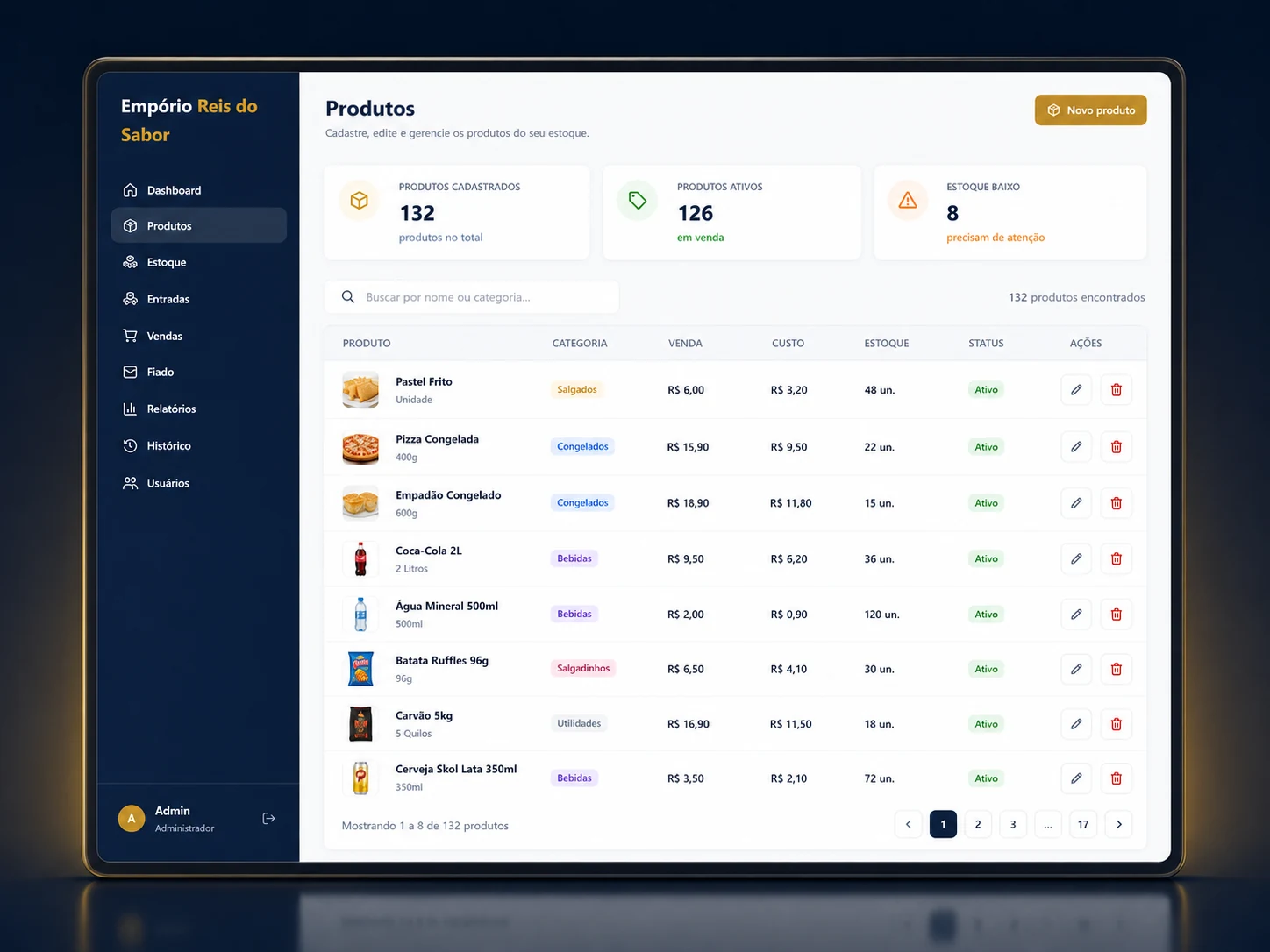Gestão de produtos do Empório Reis do Sabor em mockup de tela