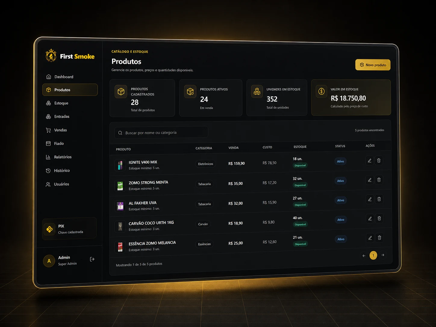 Controle de produtos e estoque do First Smoke apresentado em um mockup premium