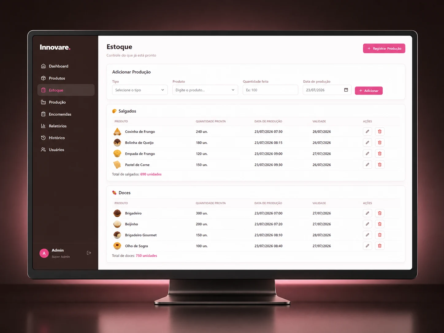 Controle de estoque do Innovare em mockup de tela